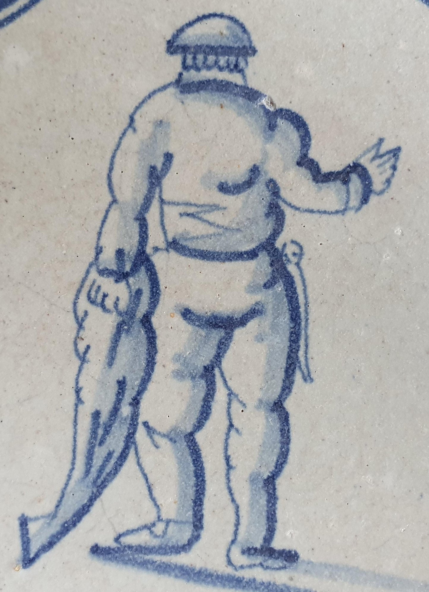 Antique Dutch Tile - fisherman in scalloped frame with meander - Dated 1620-1650,  delft tegel