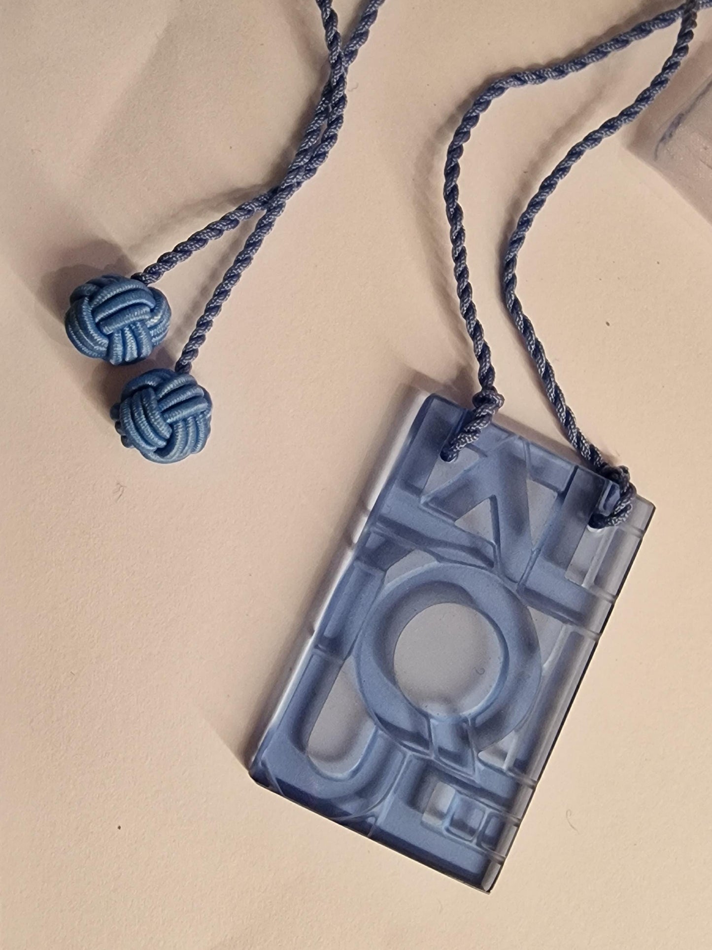 Lalique Crystal Necklace, Blue Art Deco Pendant, Silk Rope, France