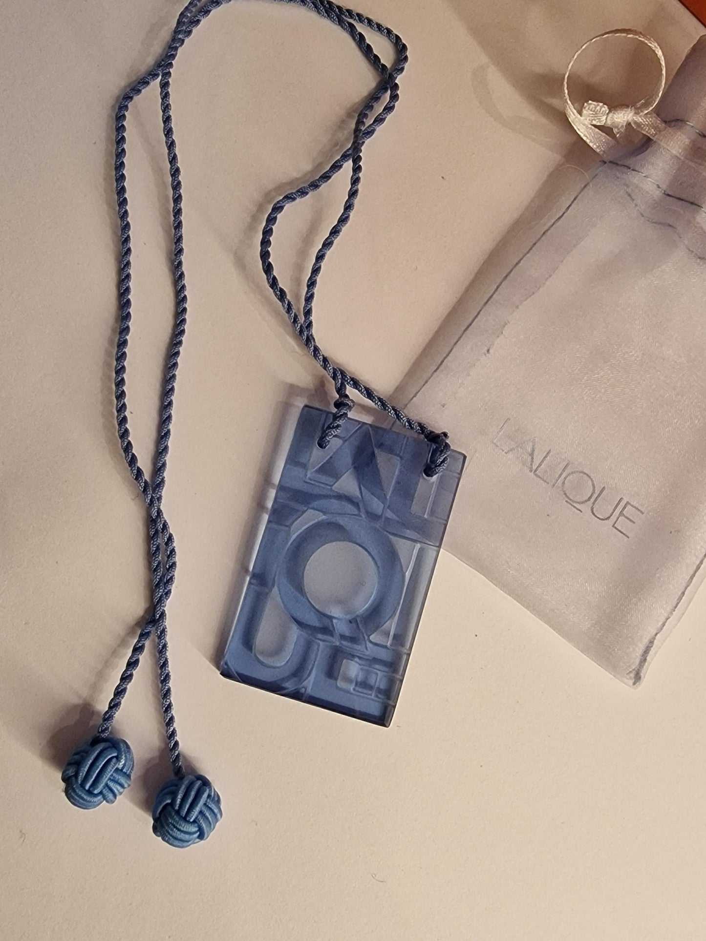 Lalique Crystal Necklace, Blue Art Deco Pendant, Silk Rope, France