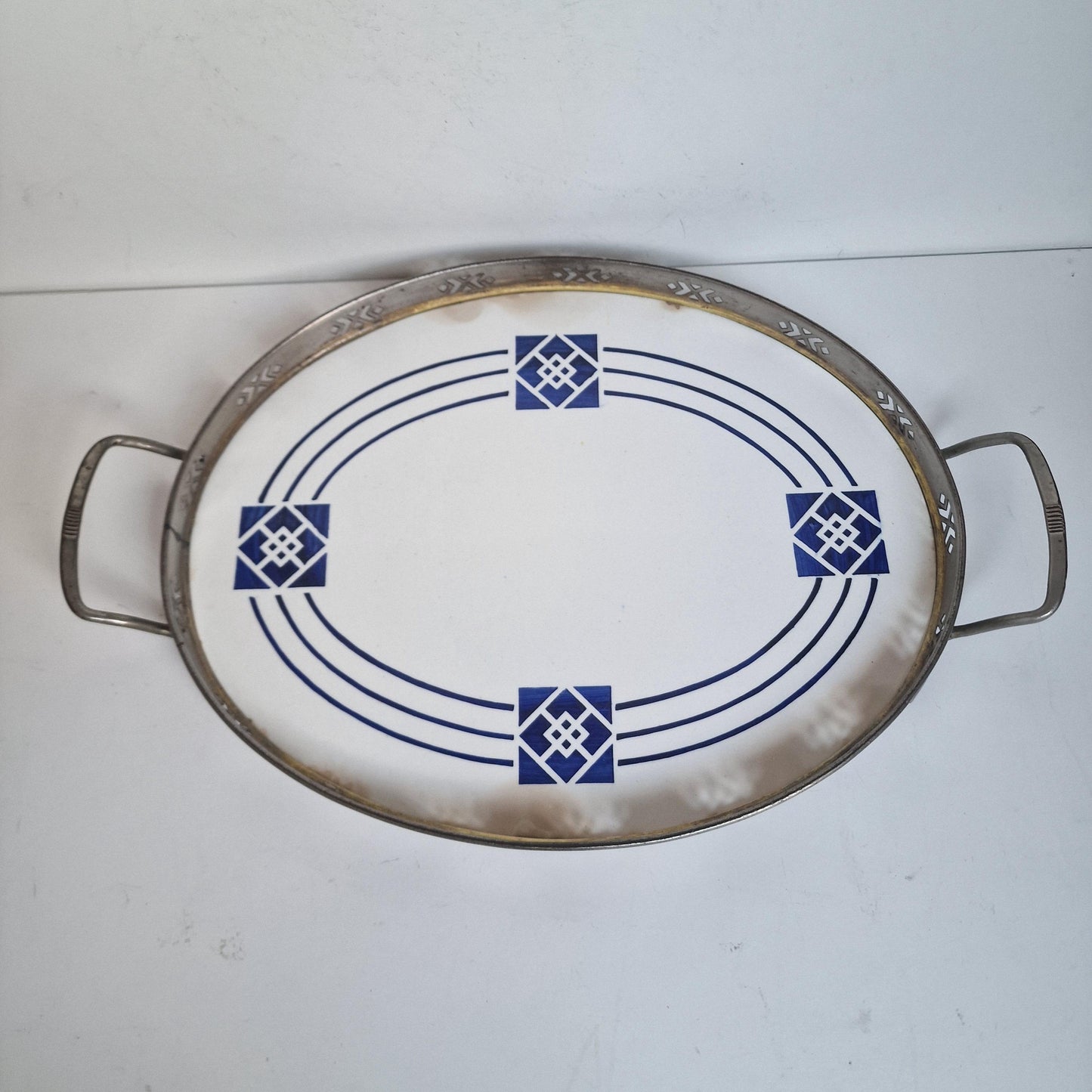 Antique Waechtersbach Art Nouveau Tile Tray, Porcelain and Pewter