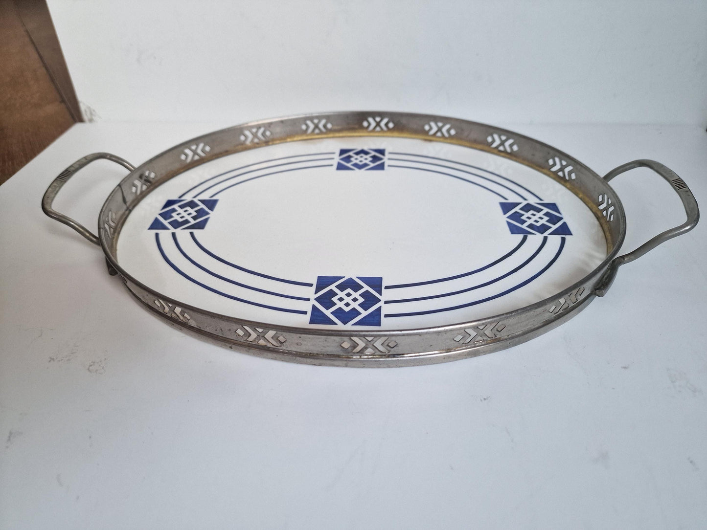 Antique Waechtersbach Art Nouveau Tile Tray, Porcelain and Pewter