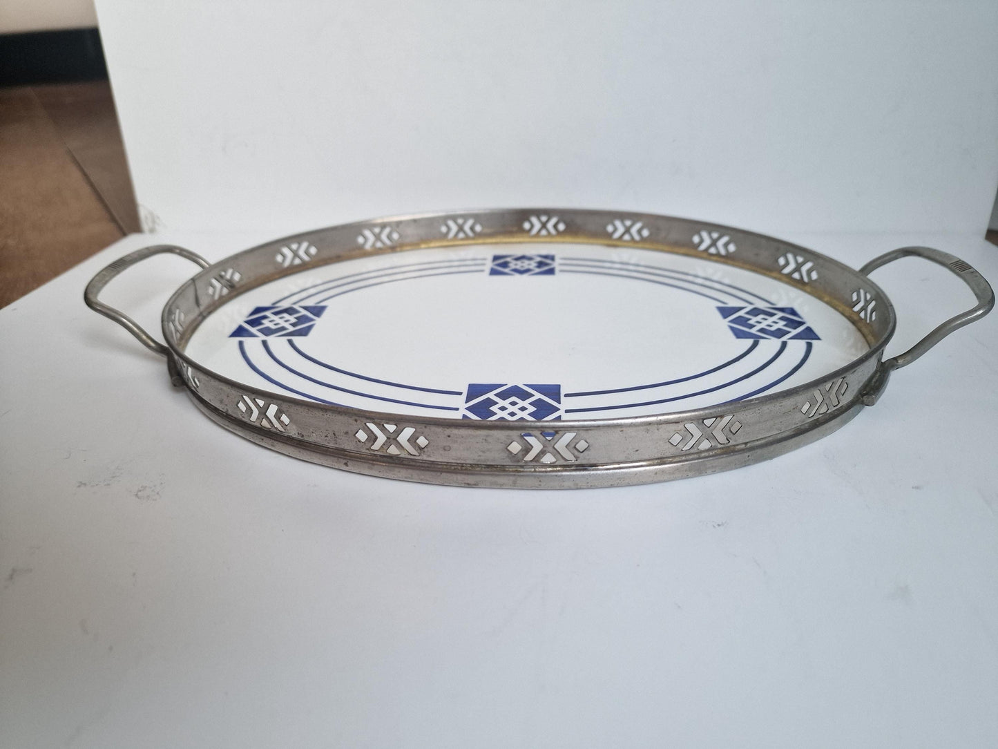 Antique Waechtersbach Art Nouveau Tile Tray, Porcelain and Pewter