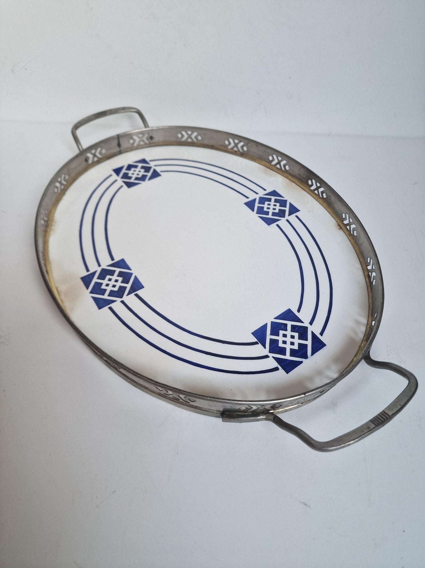Antique Waechtersbach Art Nouveau Tile Tray, Porcelain and Pewter