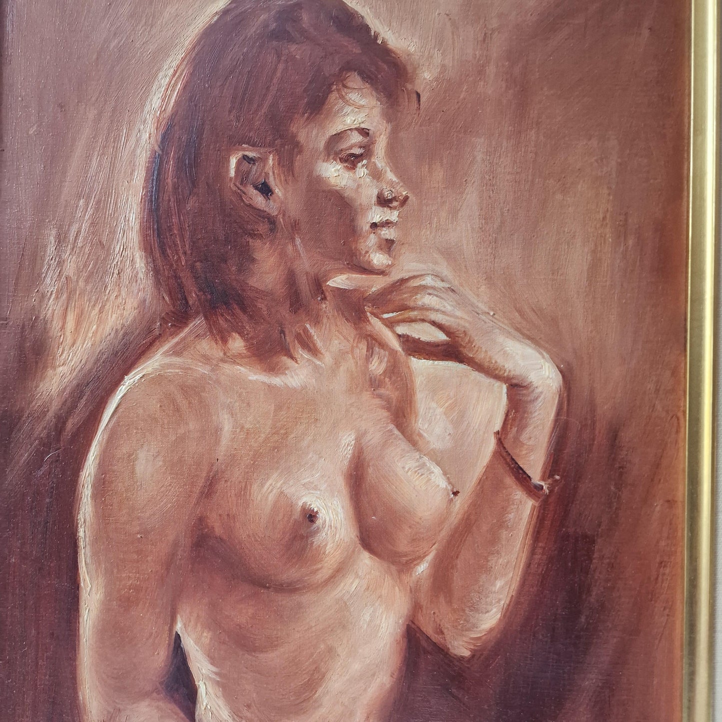 Indonesian Girl Oil Painting – Framed Mid-Century Art sepia colour