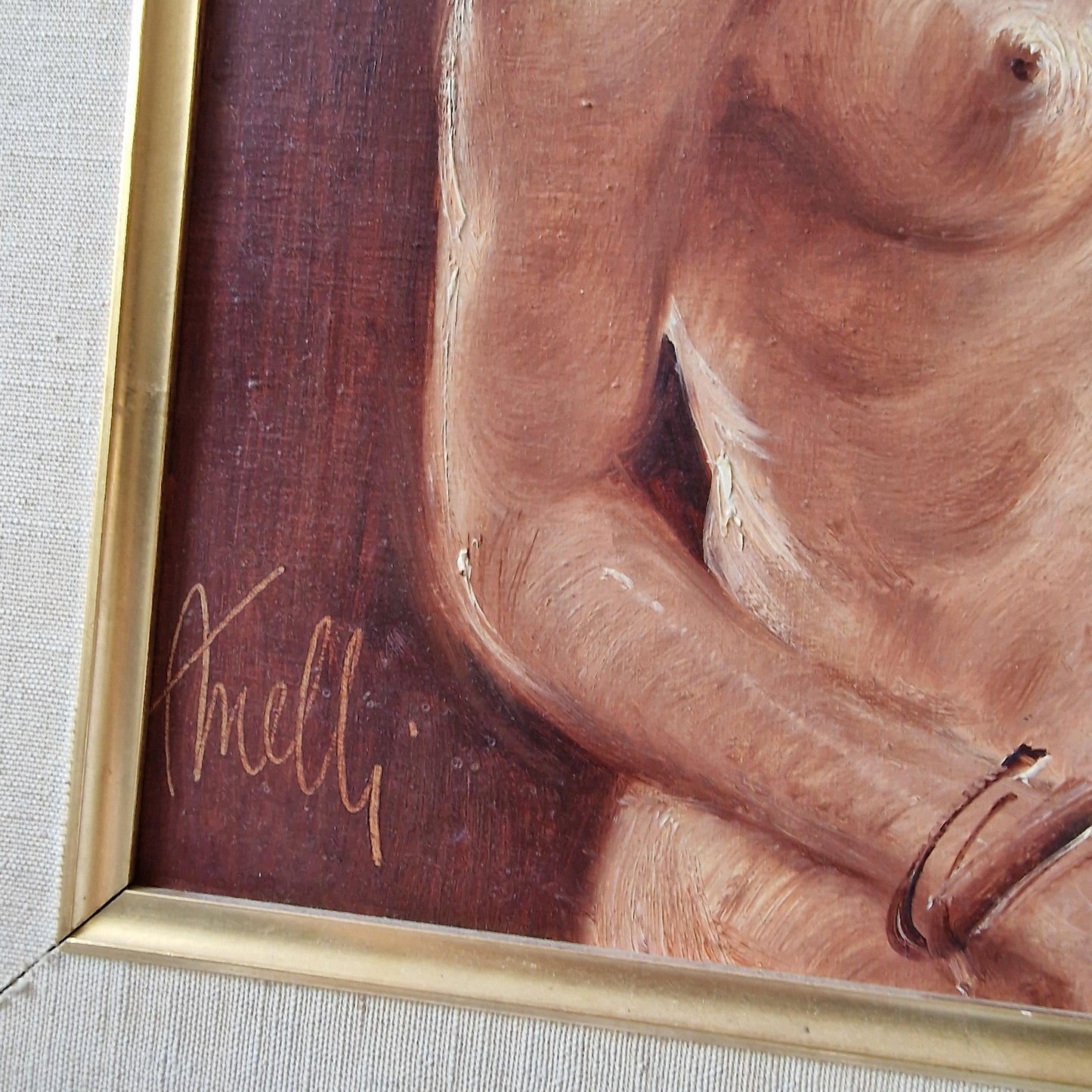 Indonesian Girl Oil Painting – Framed Mid-Century Art sepia colour