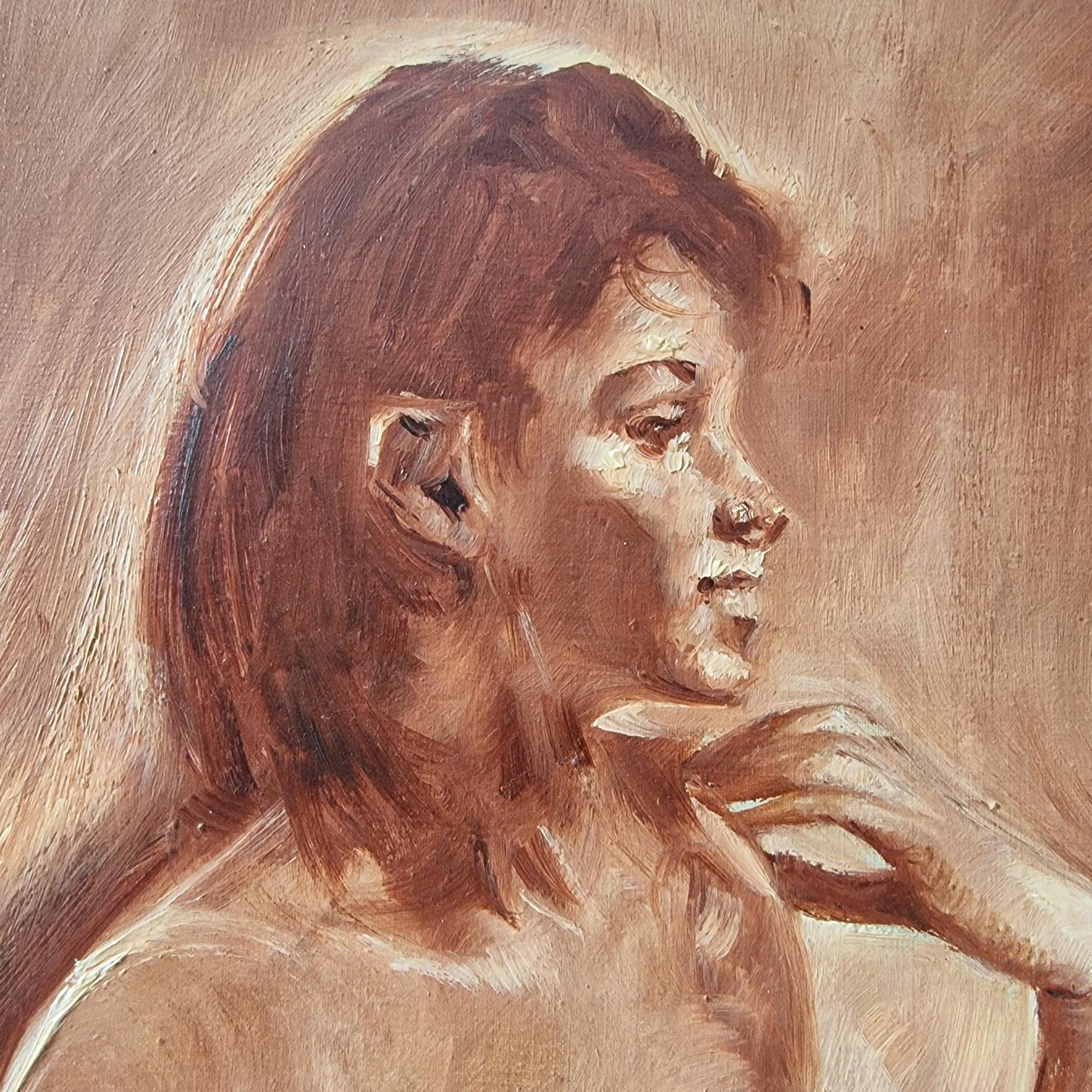 Indonesian Girl Oil Painting – Framed Mid-Century Art sepia colour
