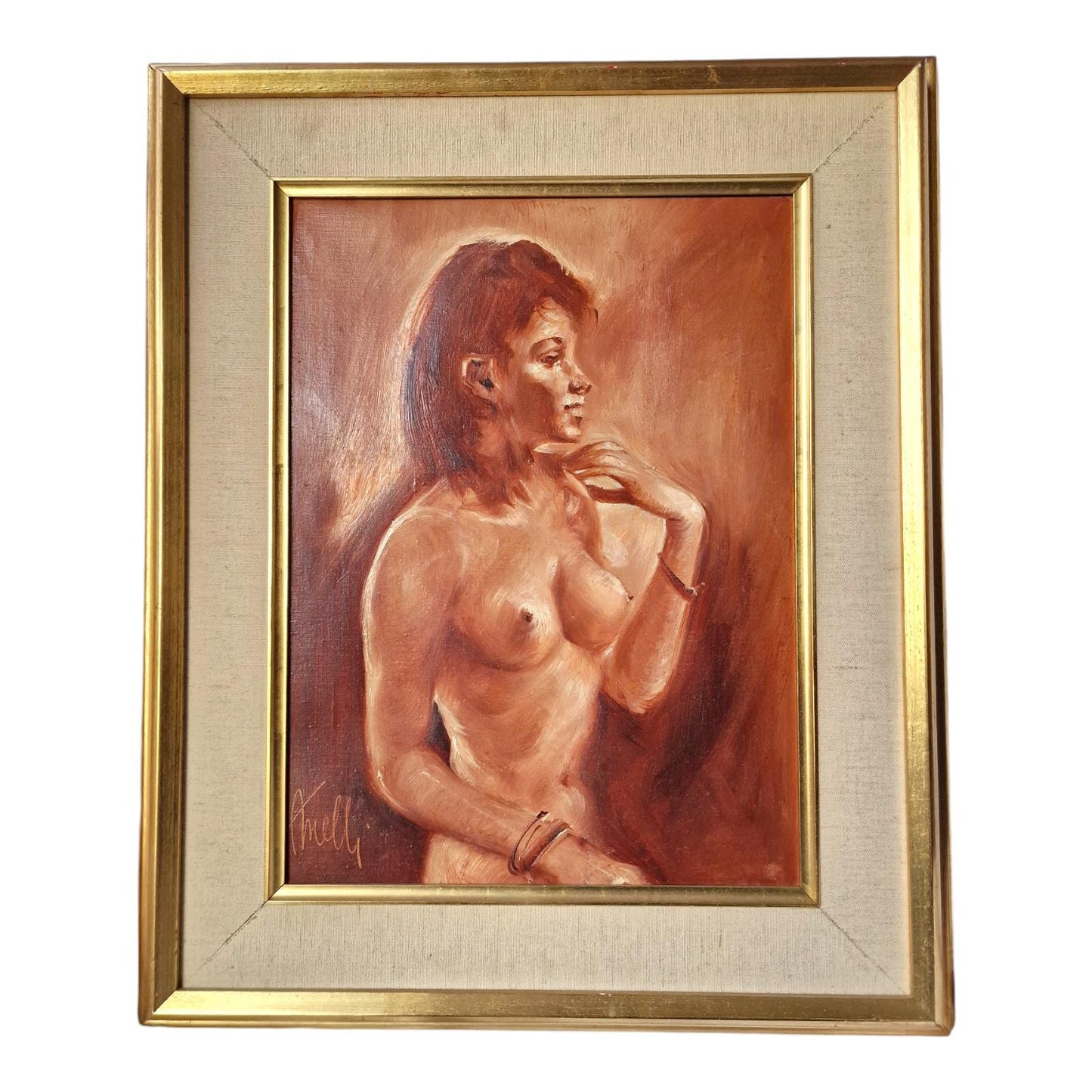 Indonesian Girl Oil Painting – Framed Mid-Century Art sepia colour