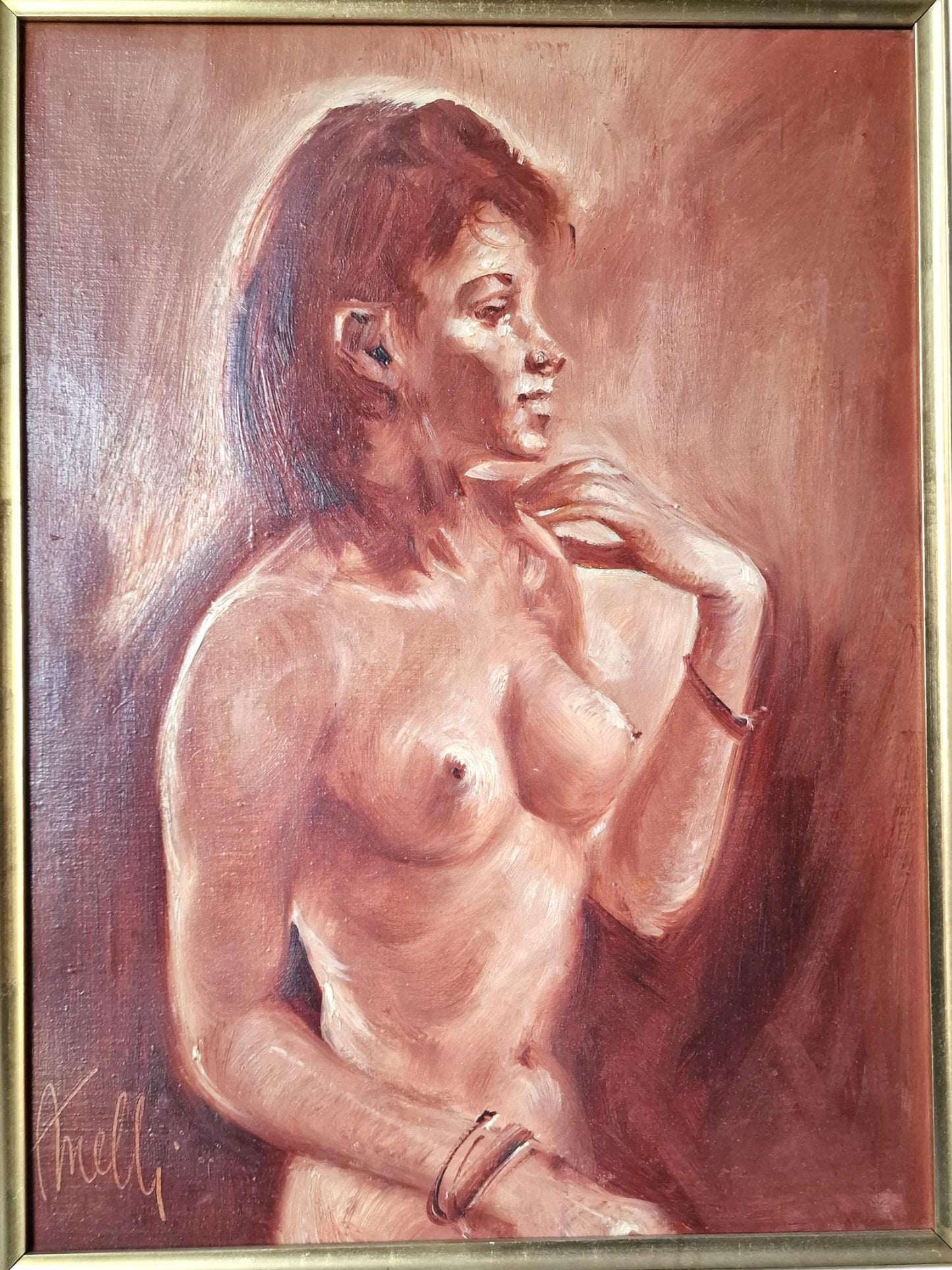 Indonesian Girl Oil Painting – Framed Mid-Century Art sepia colour