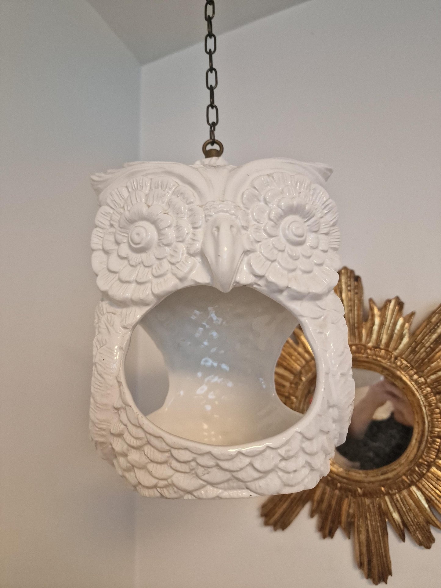Vintage Ceramic Owl Planter, Nordic Lantern, Copper Chain Hanger