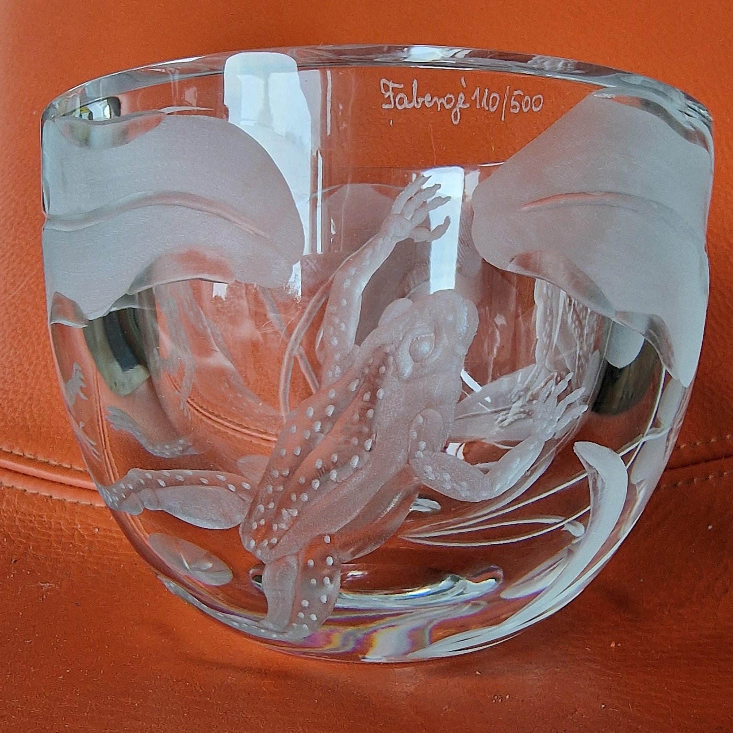 Fabergé Crystal Bowl, Frogs, Hand Etched, Numbered, Signed, Limited Edition