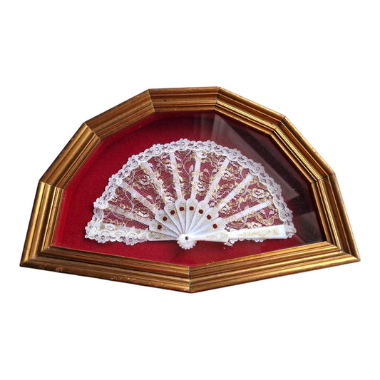 Vintage Lace Fan in Glass Display Box, French Brocante Wall Decor