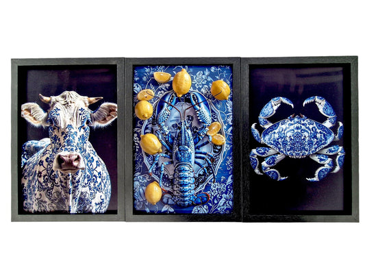 Delft Blue Kitchen Art Prints, Funny Dutch Animal Decor, Set of 3