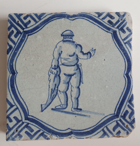 Antique Dutch Tile - fisherman in scalloped frame with meander - Dated 1620-1650,  delft tegel