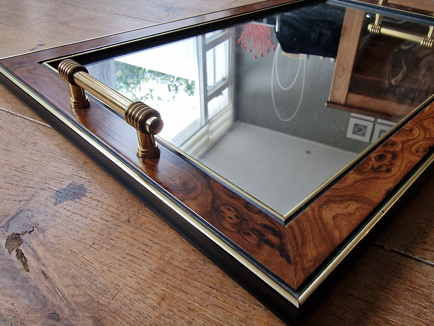 Hollywood Regency Italian Serving Tray, Lacquered Wood & Brass, XL 49cm