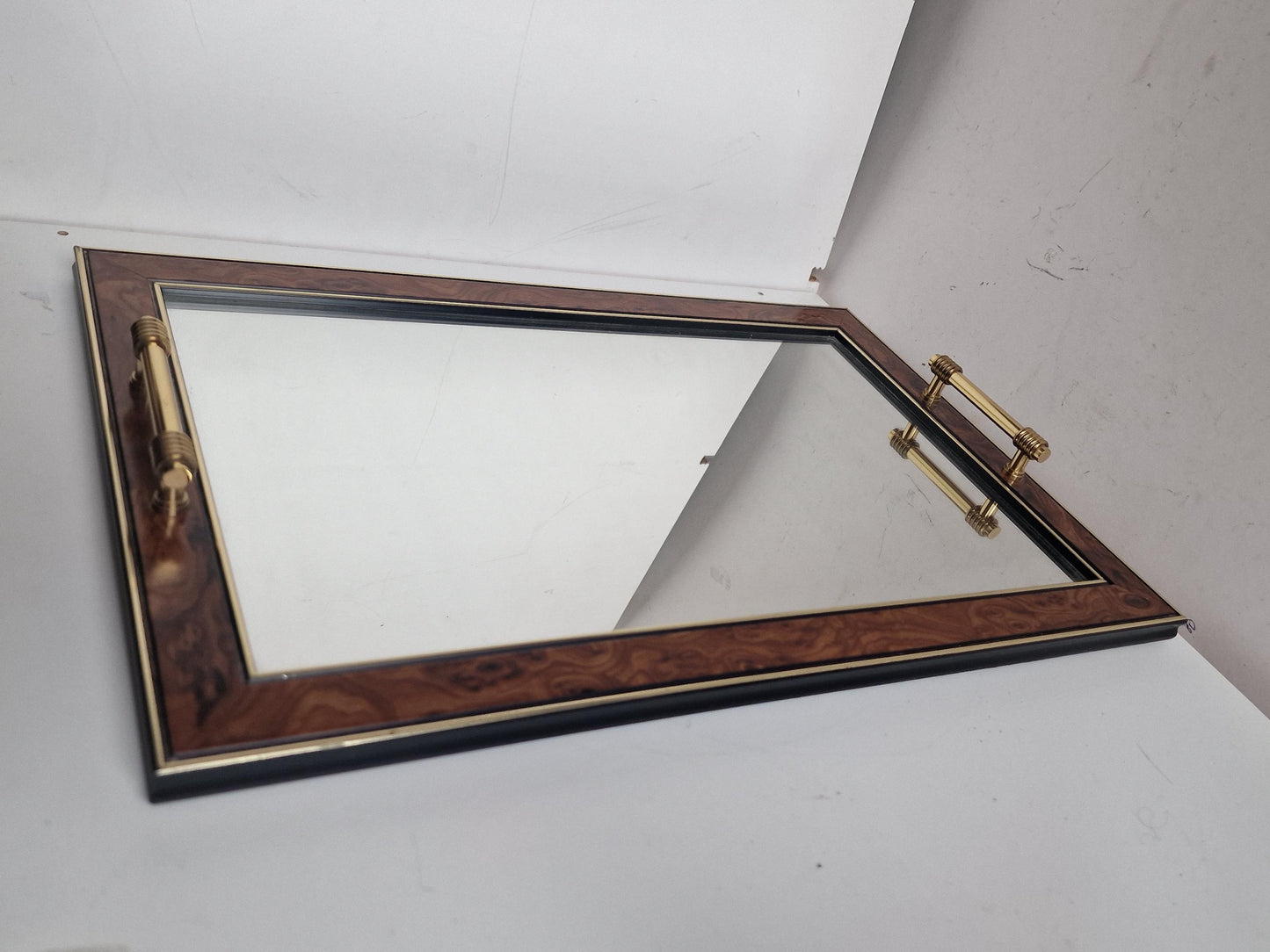 Hollywood Regency Italian Serving Tray, Lacquered Wood & Brass, XL 49cm