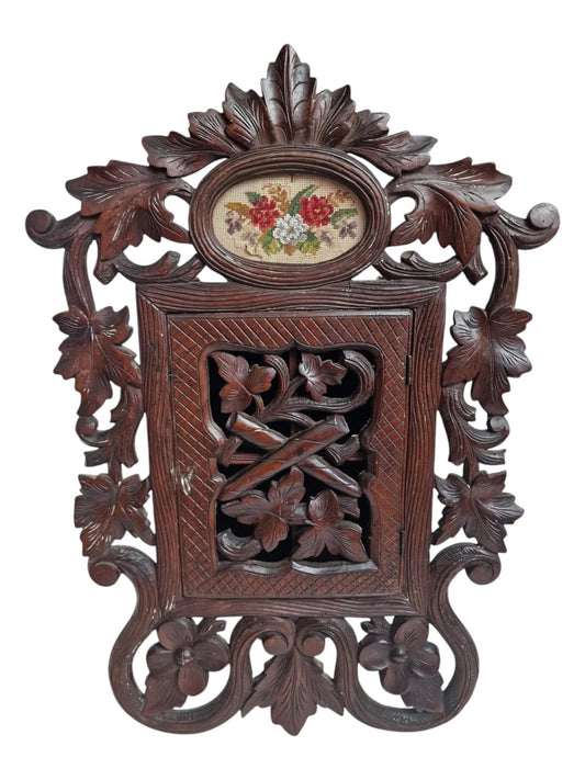 Antique Black Forest Wall Cabinet, Hand-Carved Key Holder