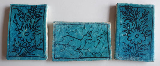 3 tiles thick handmade handpainted vintage midcentury collector tiles, blue eastern oosterse oosters iznik ?