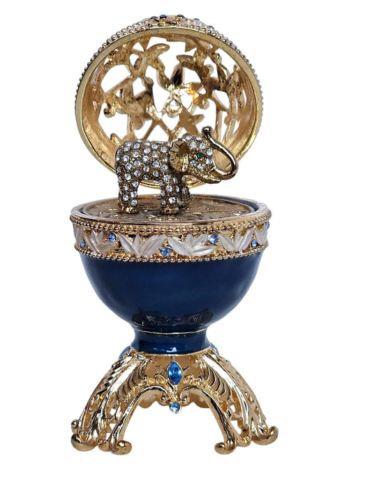 Guilloche Egg Trinket Box, 24k Gold Elephant, Swarovski Crystals