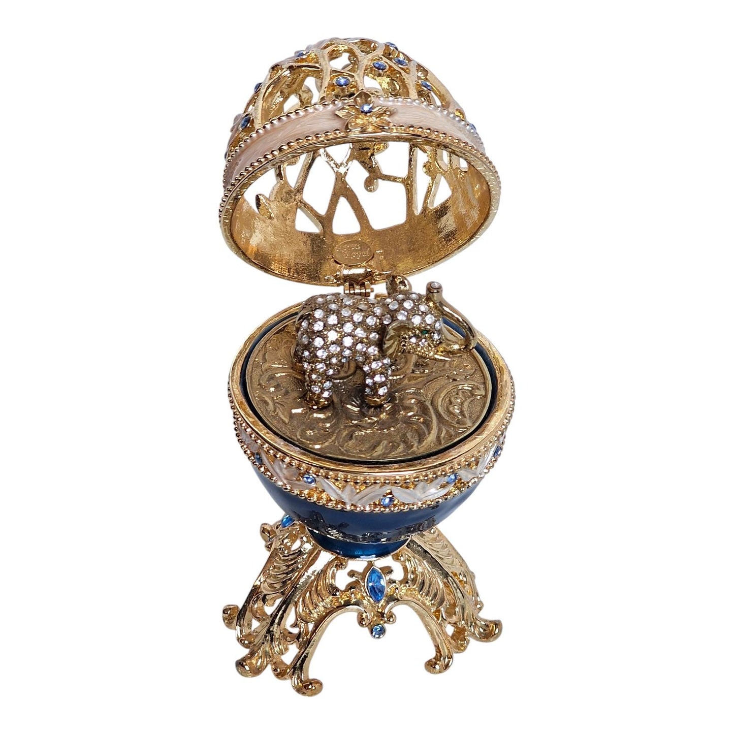 Guilloche Egg Trinket Box, 24k Gold Elephant, Swarovski Crystals