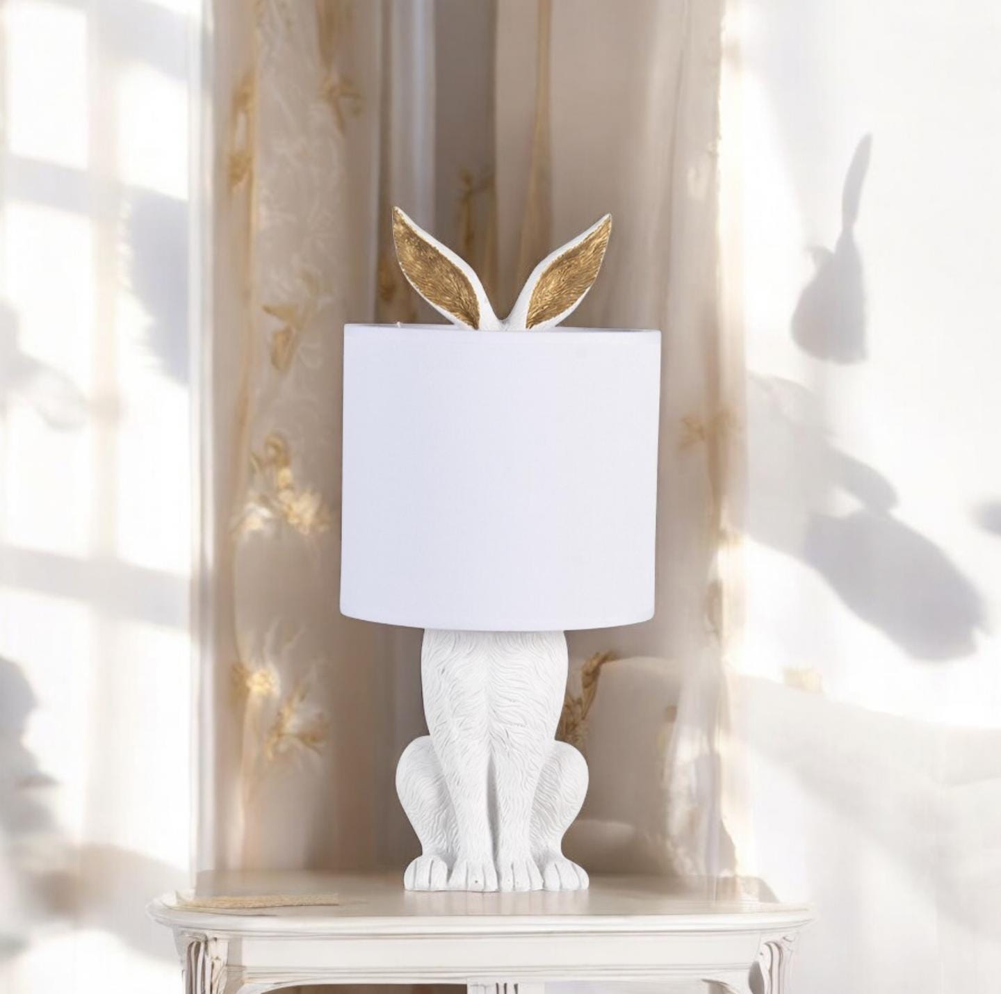 White Rabbit Table Lamp with Gold Ears, Nursery Decor