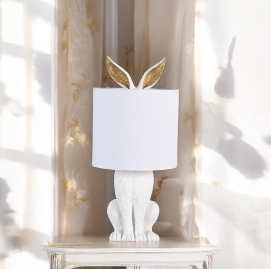 White Rabbit Table Lamp with Gold Ears, Nursery Decor