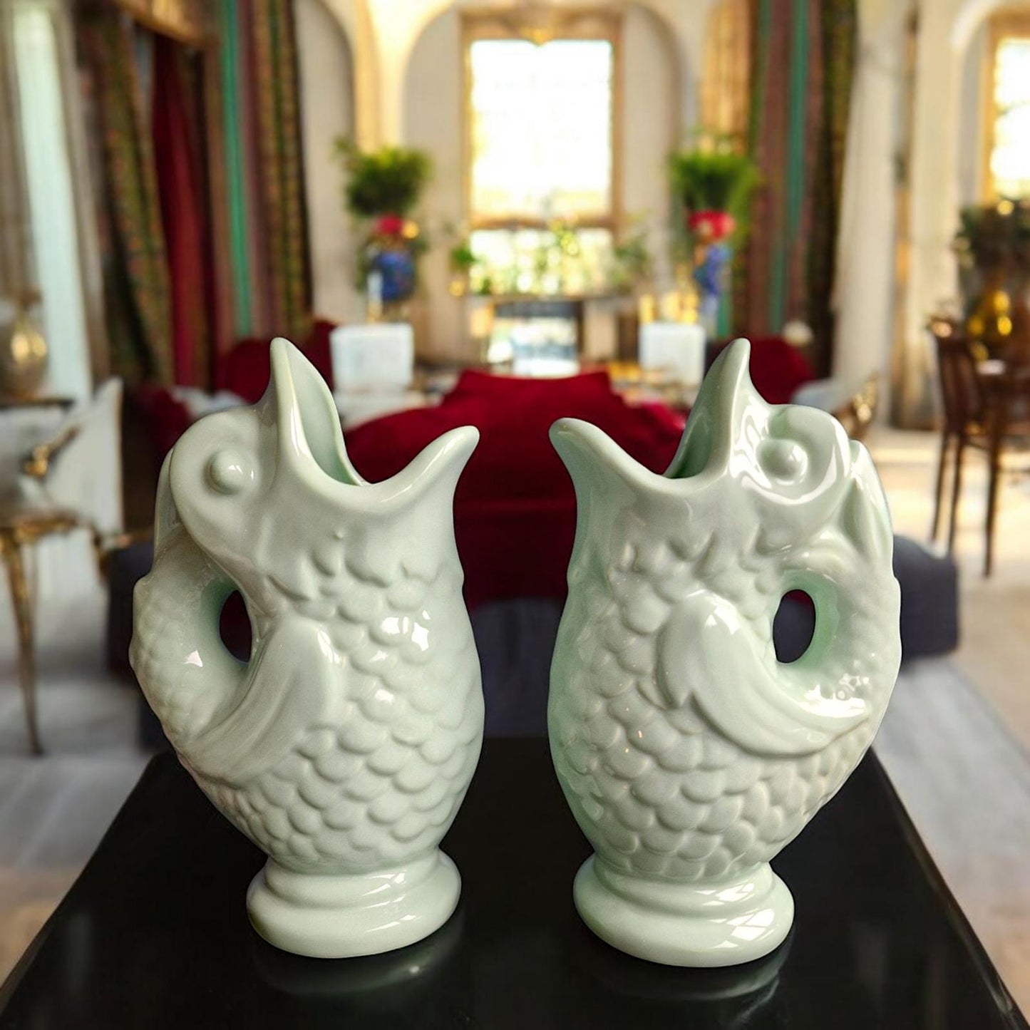 Handmade Pottery Fish Vases, Spanish Bohemian Ceramic Pair