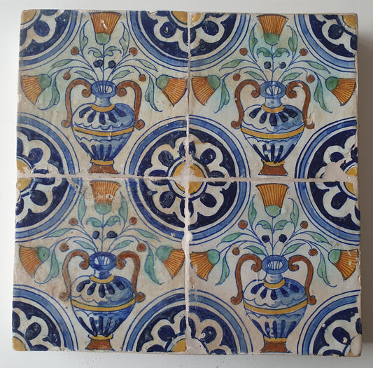 Antique Dutch Polychrome Tiles – 17th Century Floral Ornament
