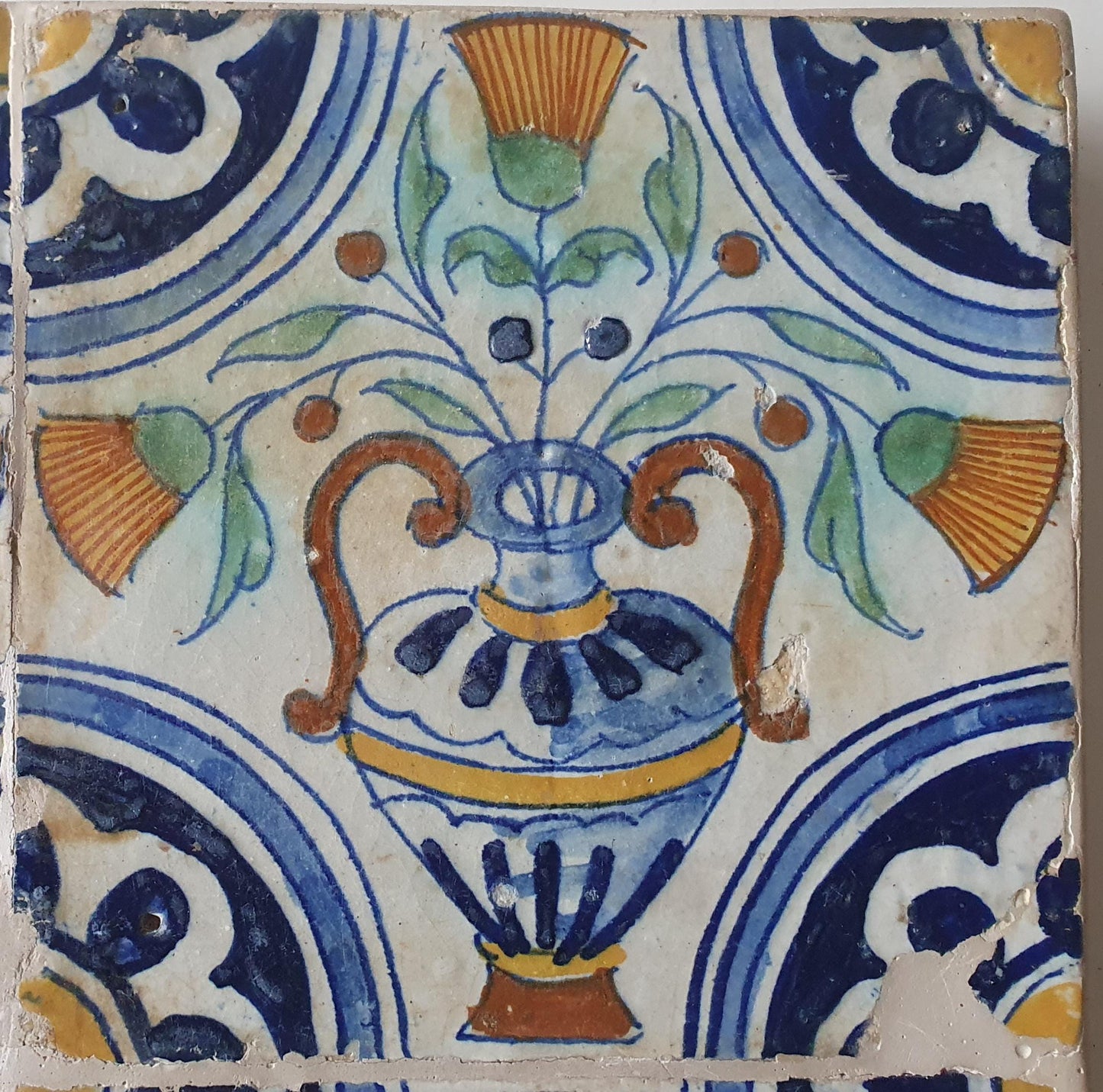 Antique Dutch Polychrome Tiles – 17th Century Floral Ornament