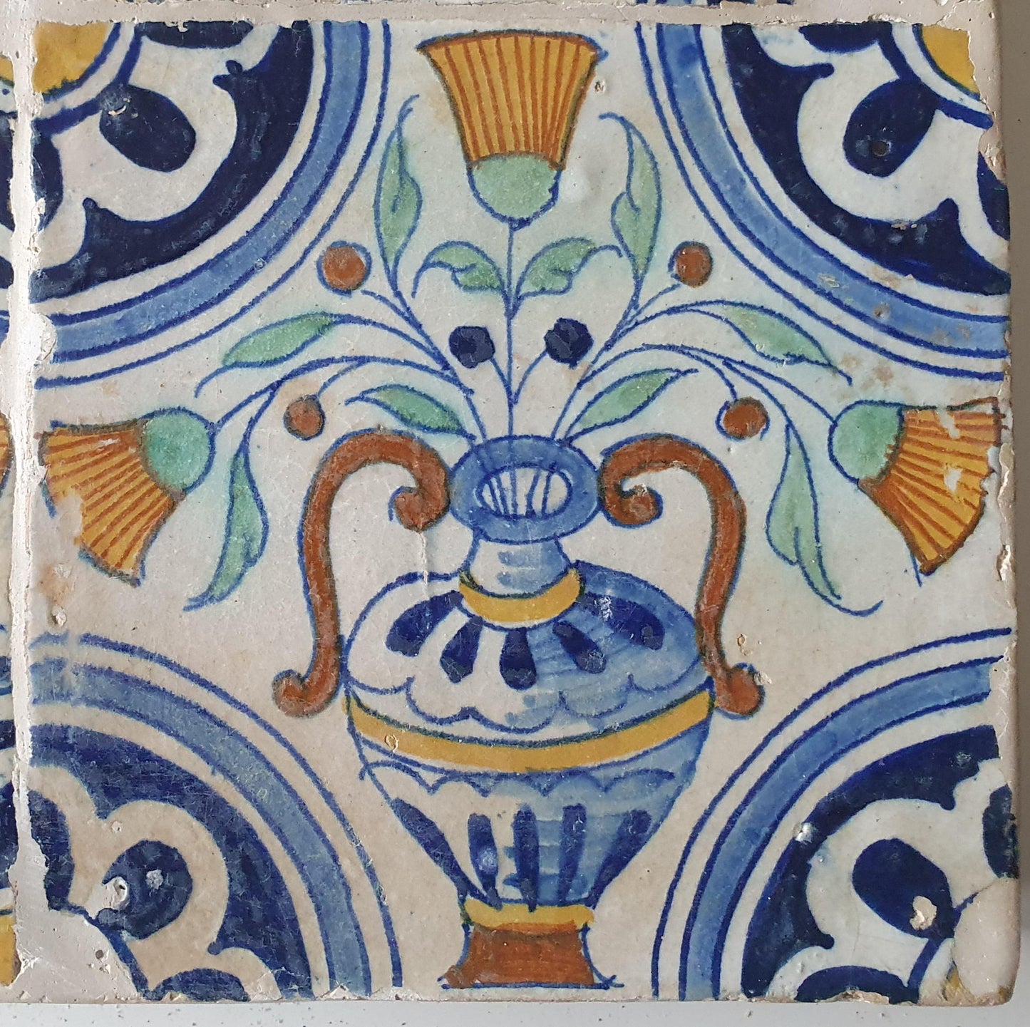 Antique Dutch Polychrome Tiles – 17th Century Floral Ornament