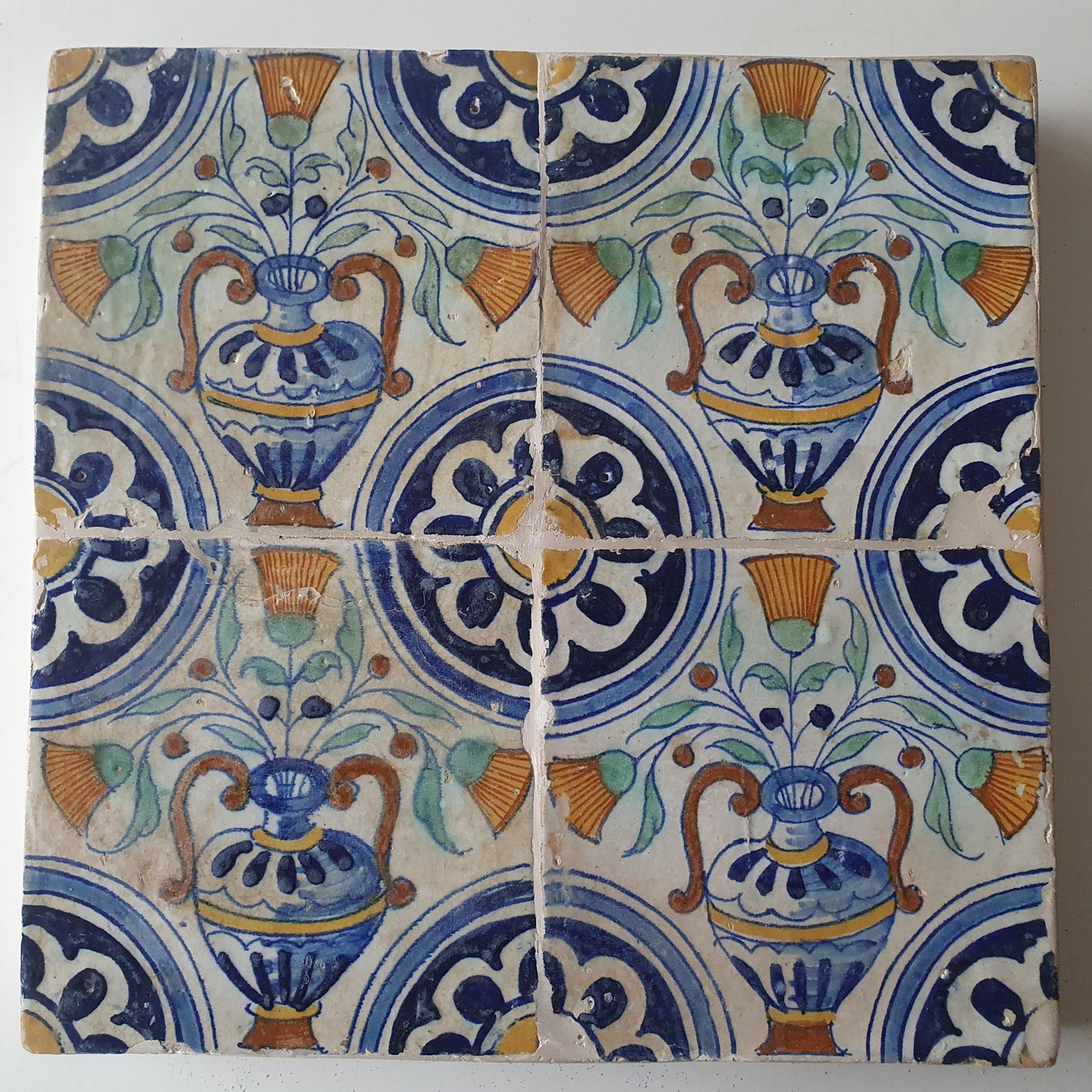 Antique Dutch Polychrome Tiles – 17th Century Floral Ornament