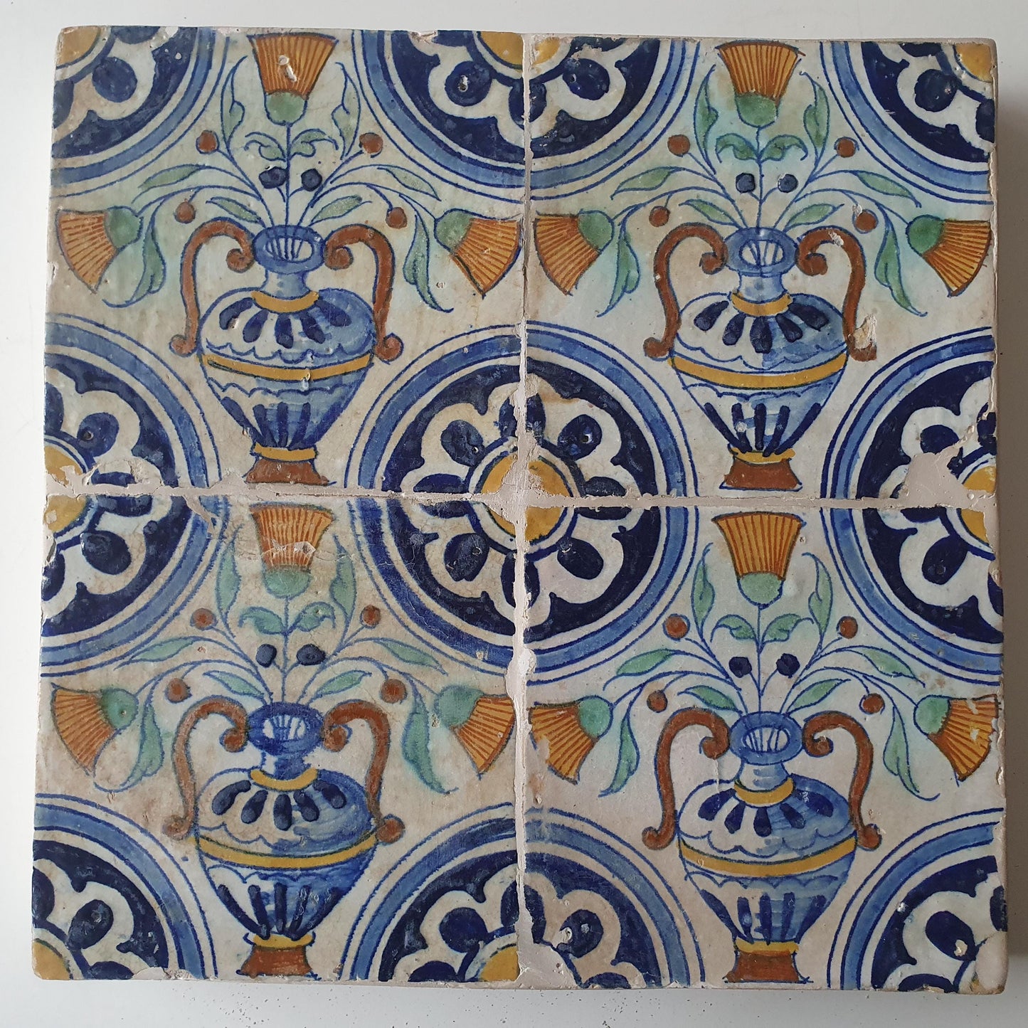 Antique Dutch Polychrome Tiles – 17th Century Floral Ornament