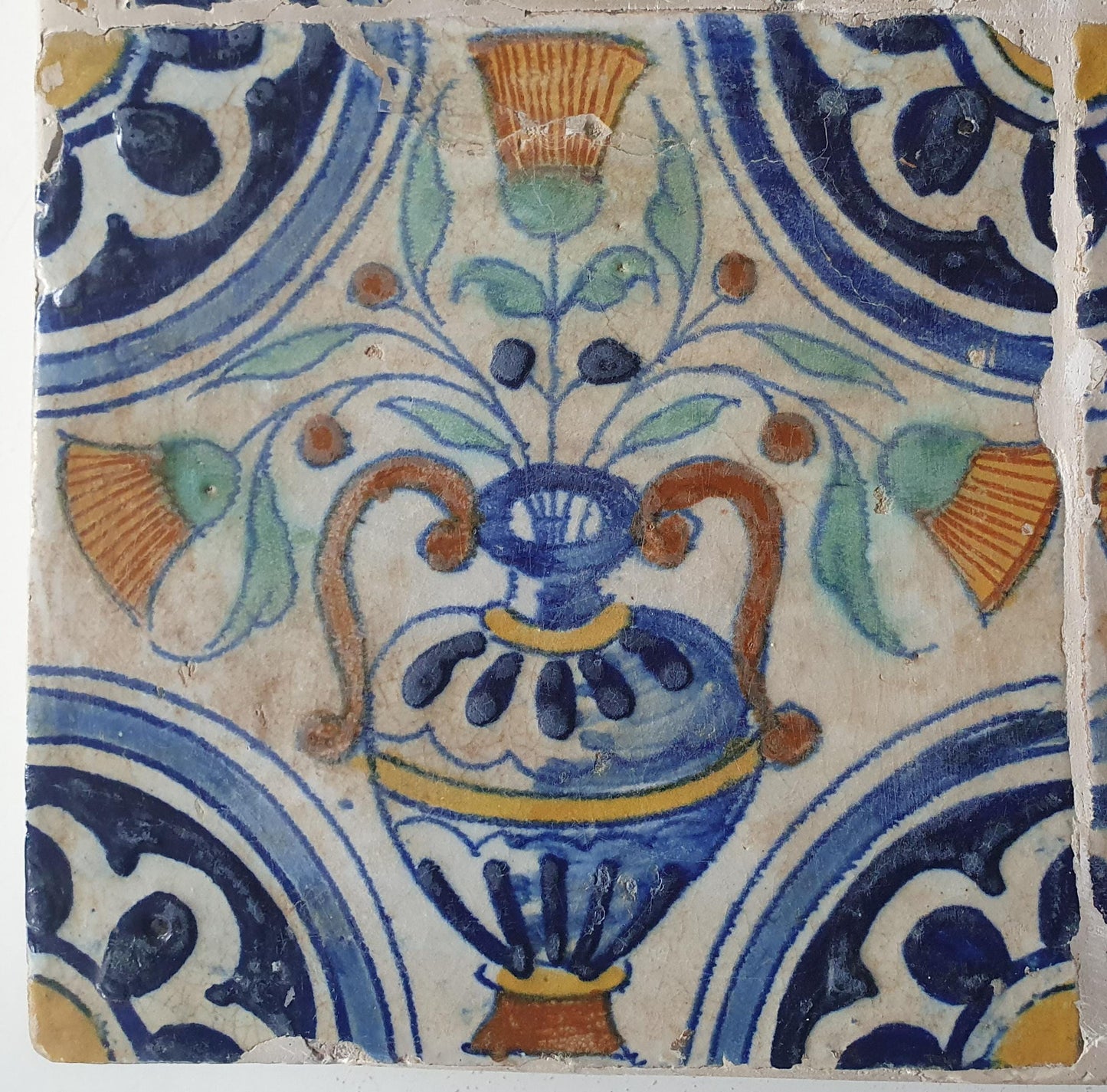 Antique Dutch Polychrome Tiles – 17th Century Floral Ornament