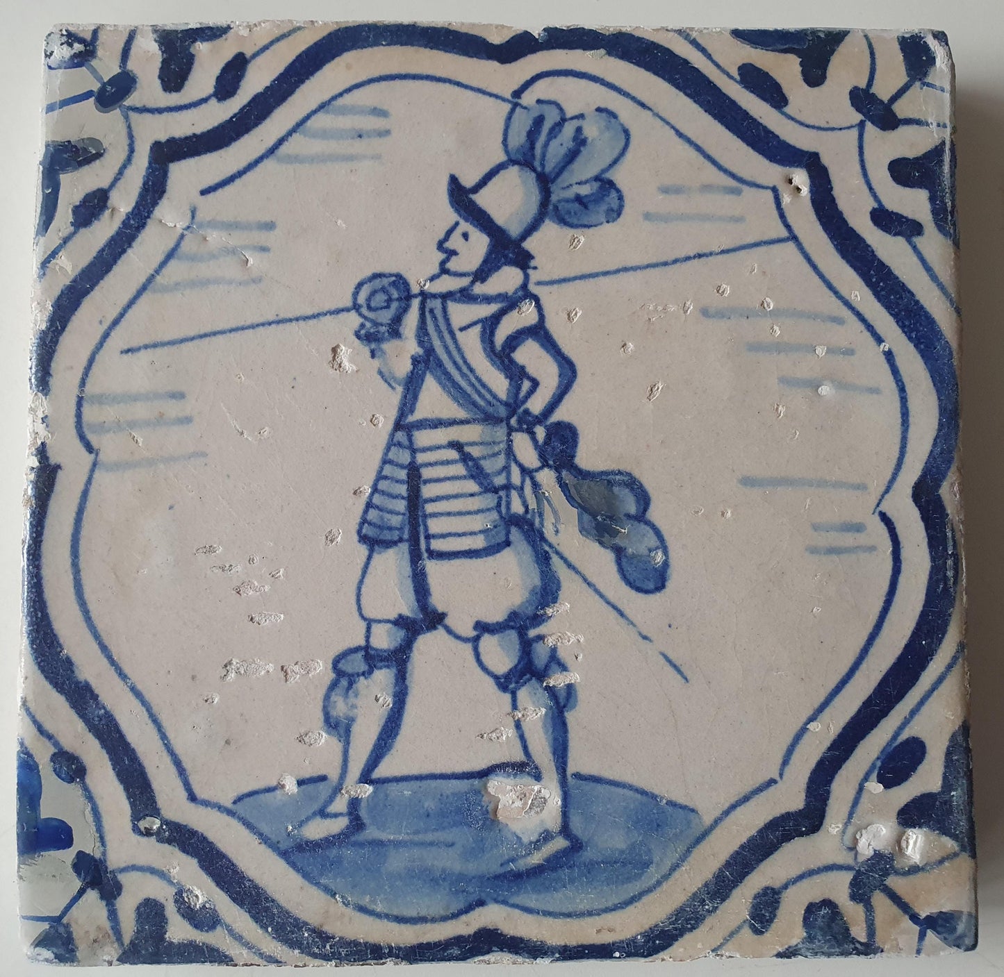Antique Dutch Delft Tile – 17th Century Soldier with Javelin