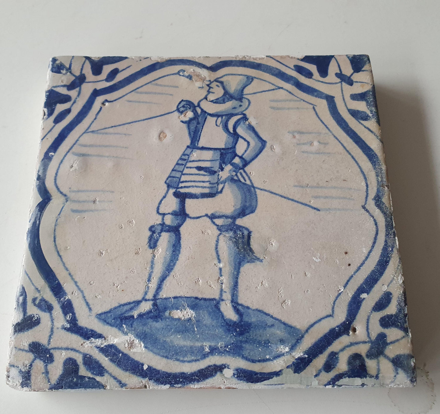 Antique Delft Blue Tile – 17th Century Dutch Soldier, Rare