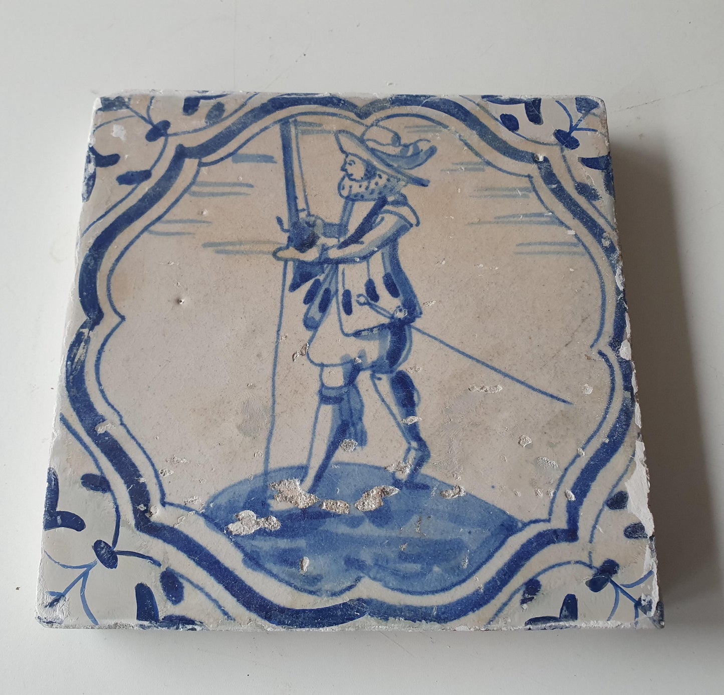 Antique Delft Tile – 17th Century Dutch Soldier with Javelin