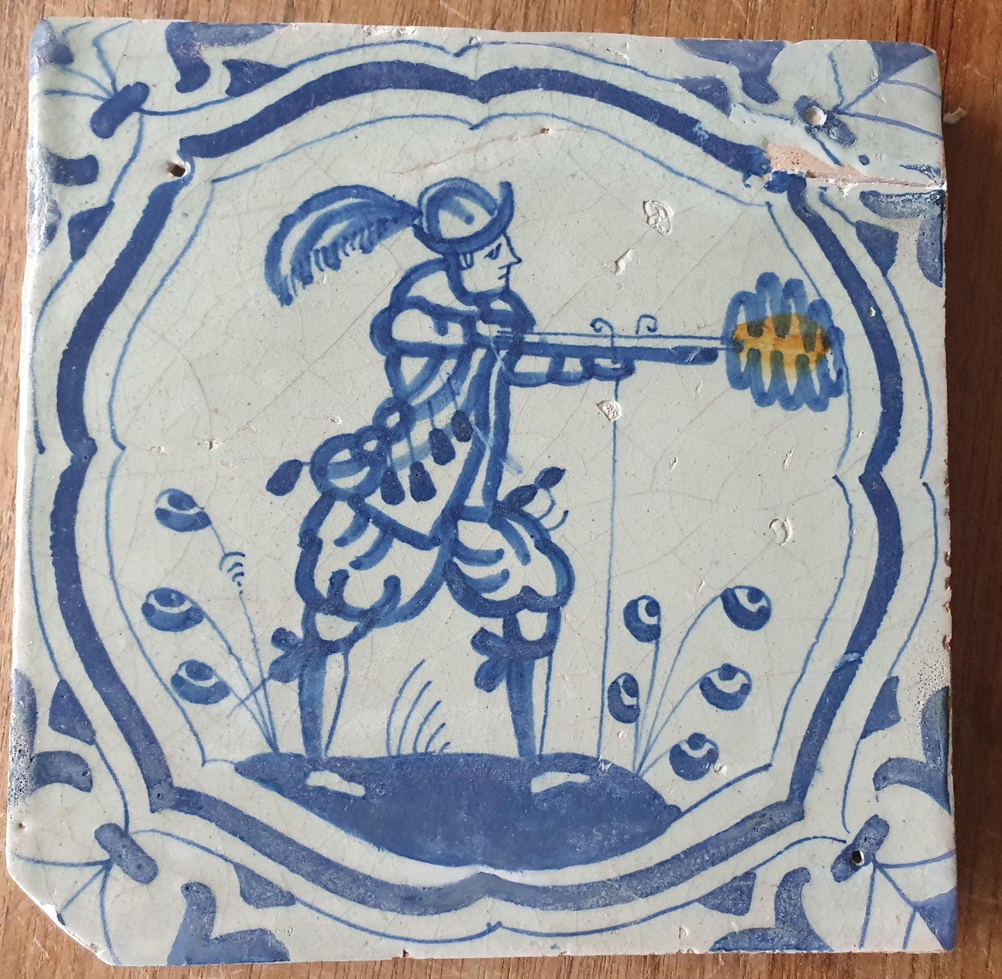 Antique Delft Blue Tile – 1640 Dutch Soldier, Holland 17th Century