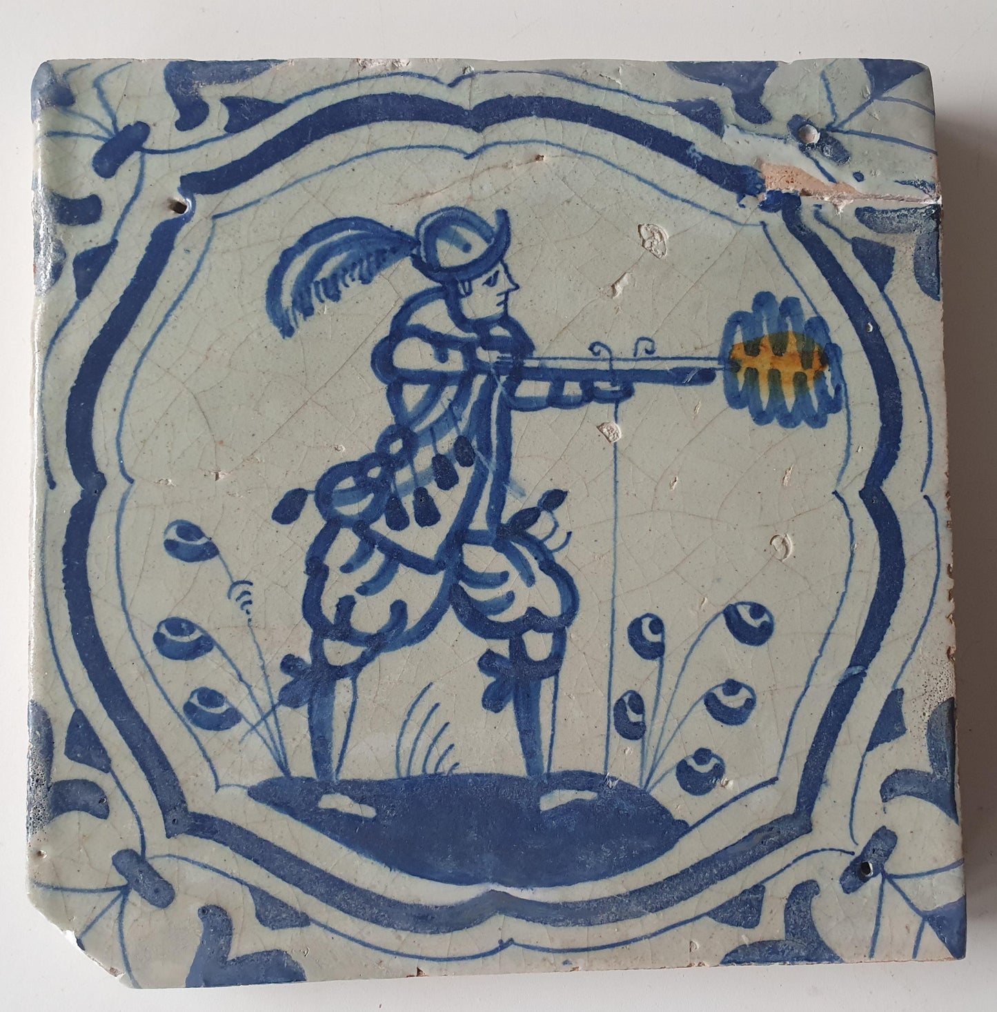Antique Delft Blue Tile – 1640 Dutch Soldier, Holland 17th Century