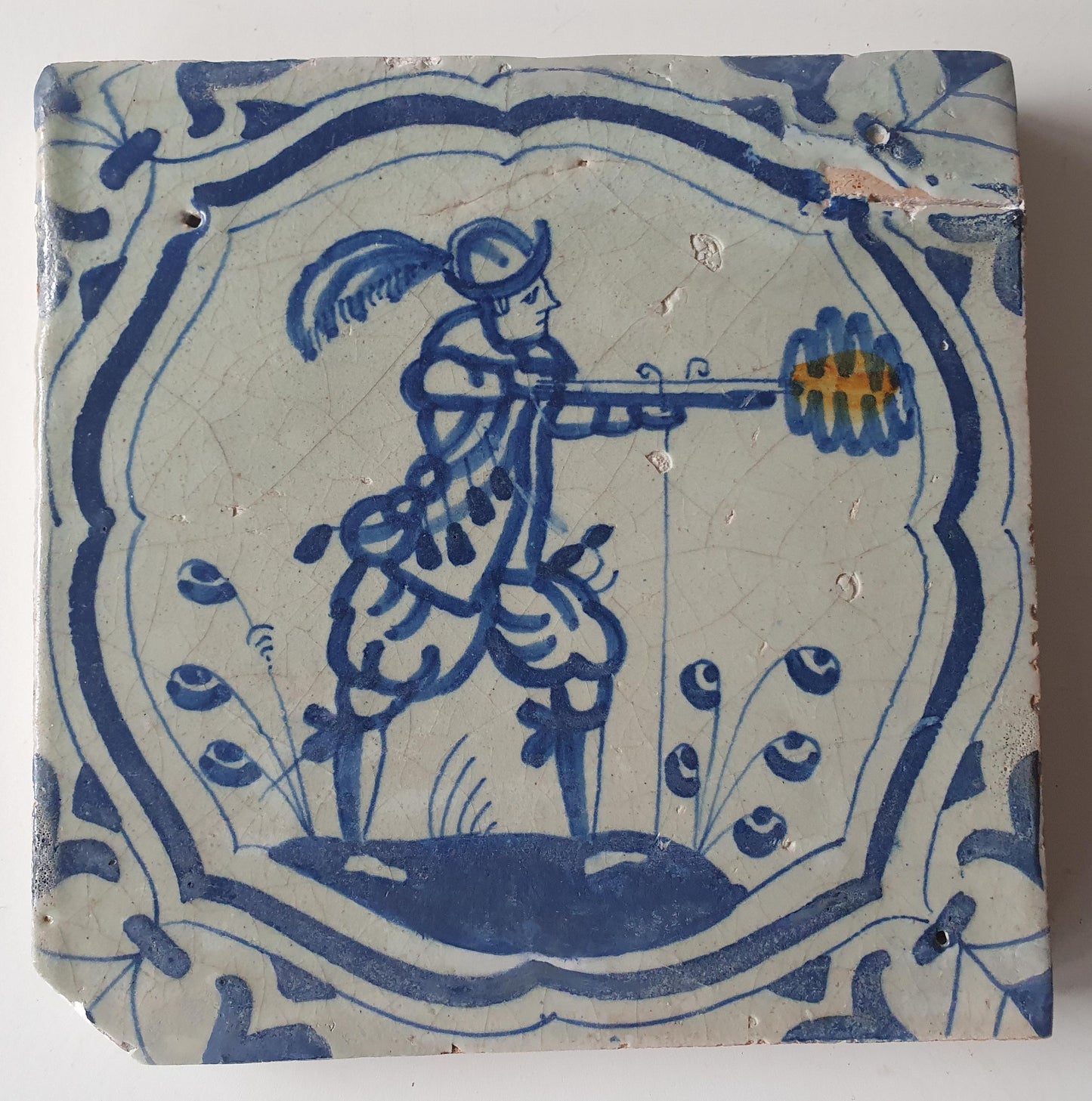 Antique Delft Blue Tile – 1640 Dutch Soldier, Holland 17th Century
