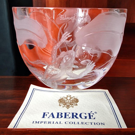 Fabergé Crystal Bowl, Frogs, Hand Etched, Numbered, Signed, Limited Edition