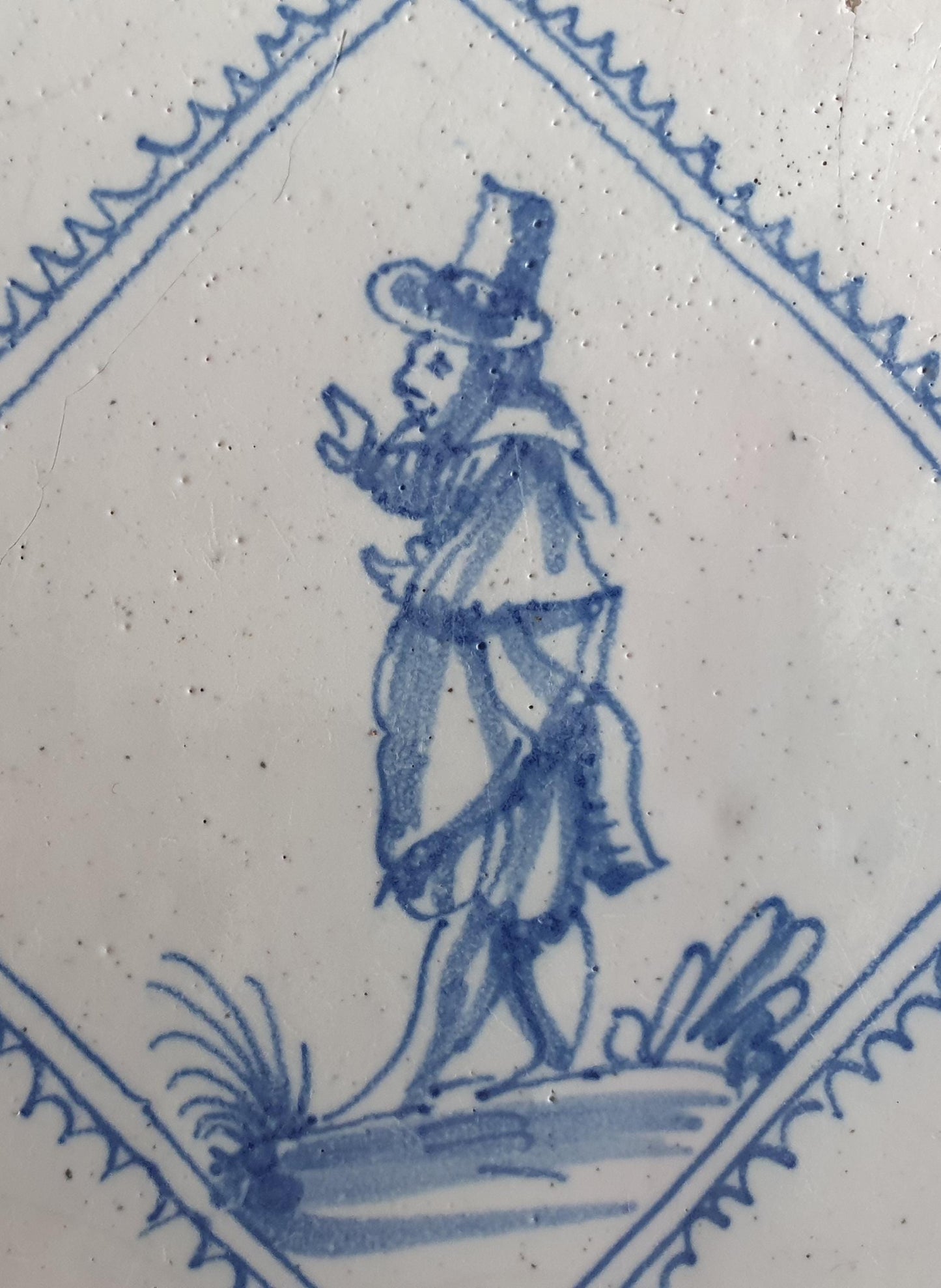 Dutch 17th  antique Delft tile, tegel, gentleman, RARE, lilyhead corner, around 1620