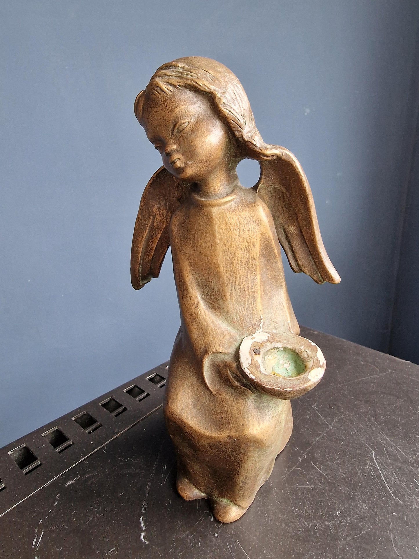 Vintage Bavarian Plaster Angel Cherub Candle Holder, Signed Germany old antique mudcentury puto