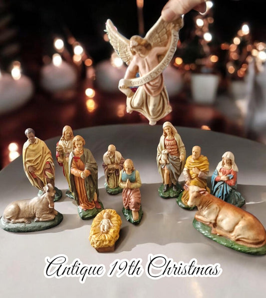 Antique 19th Century Polychrome Nativity Scene, Christmas Kerstgroep