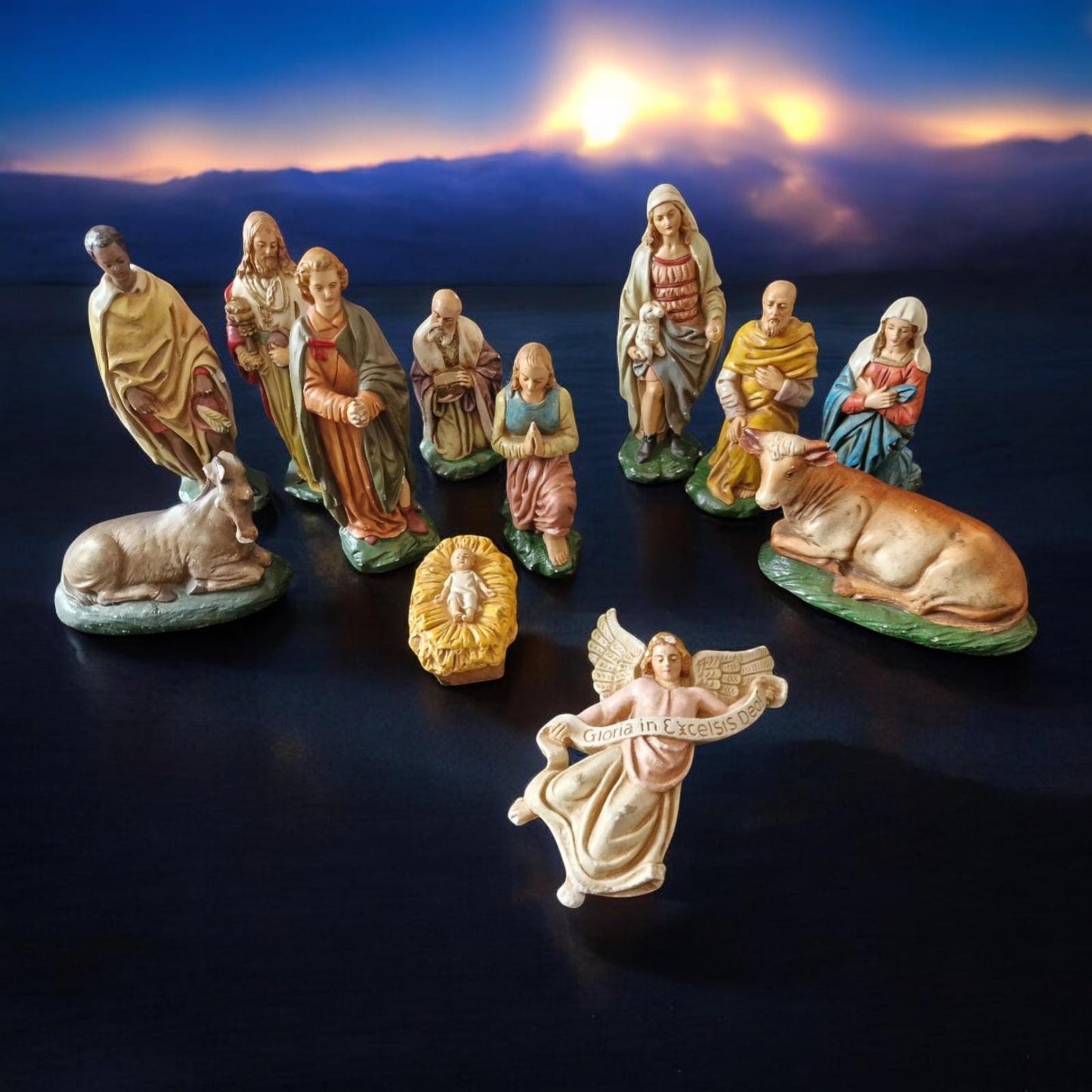 Antique 19th Century Polychrome Nativity Scene, Christmas Kerstgroep