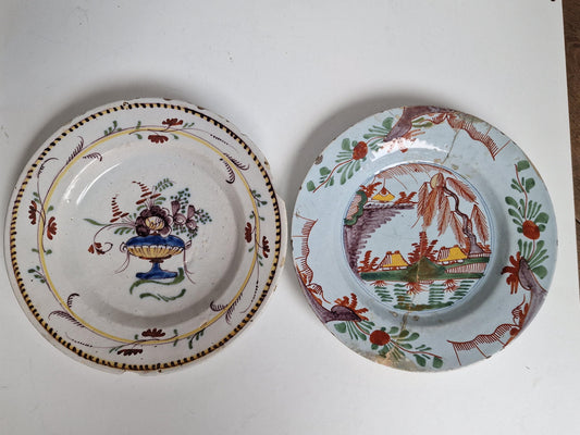 Antique Delft Pottery Plates, Handpainted Chinoiserie Decor, 18th Century (Set of 2)