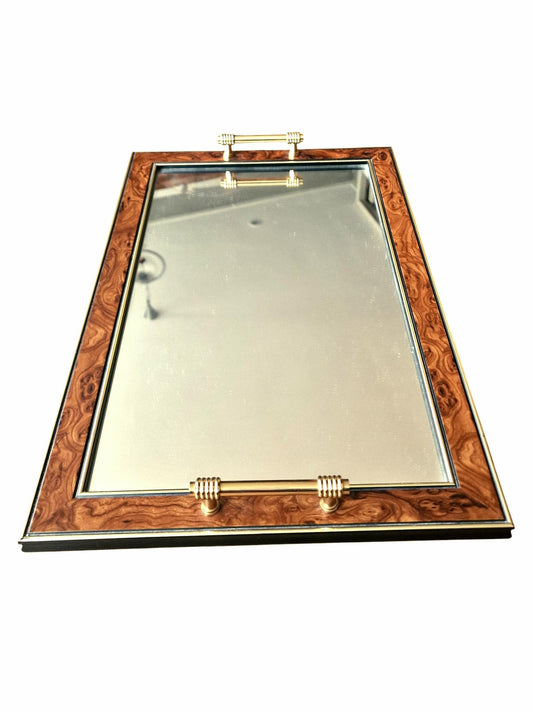 Hollywood Regency Italian Serving Tray, Lacquered Wood & Brass, XL 49cm