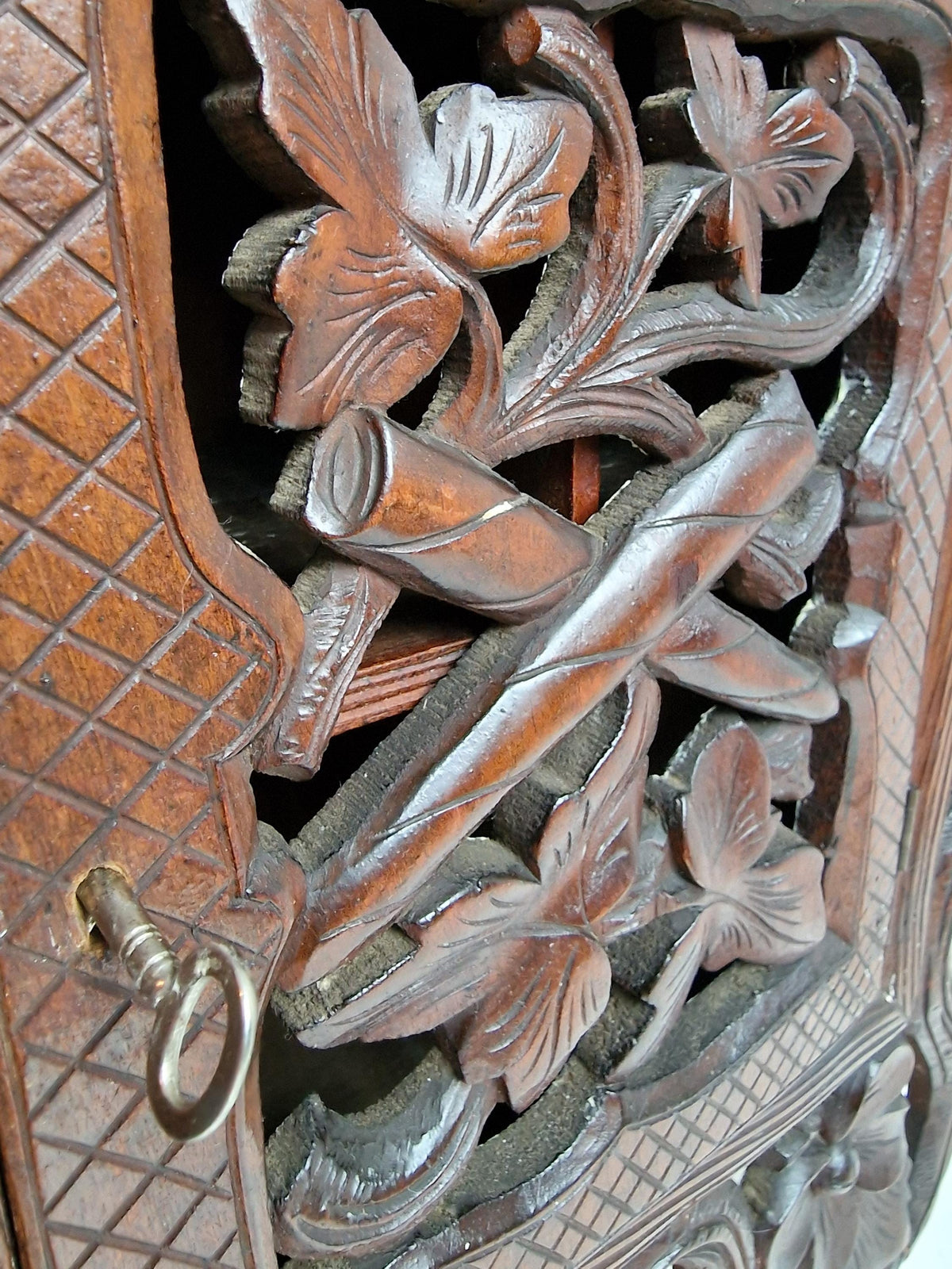 Antique Black Forest Wall Cabinet, Hand-Carved Key Holder