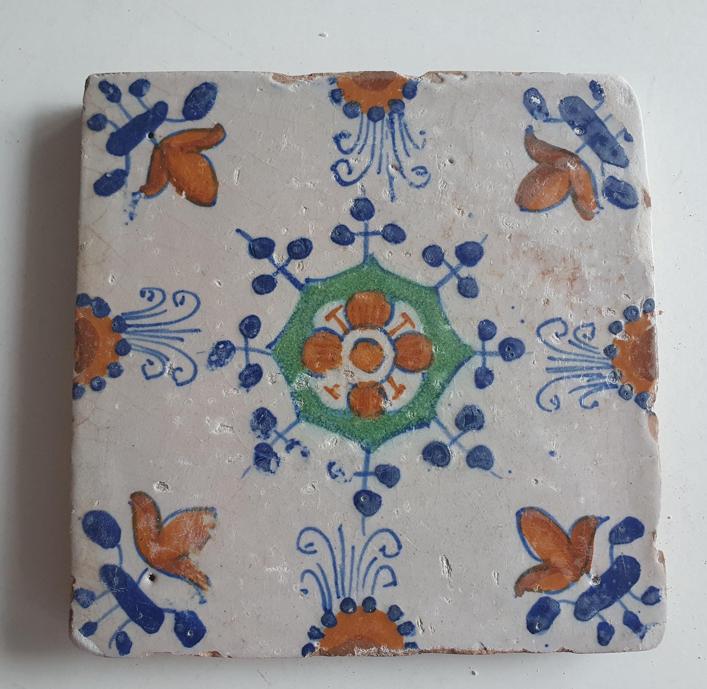 Antique Dutch Delft Tile, Polychrome Floral Ornament, 17th Century