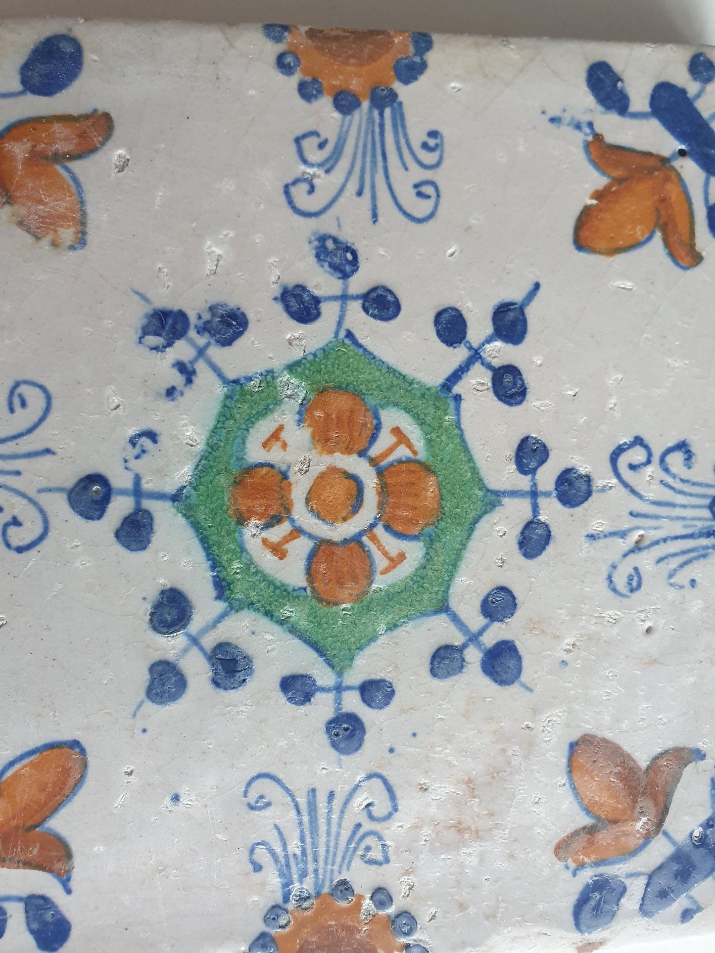 Antique Dutch Delft Tile, Polychrome Floral Ornament, 17th Century
