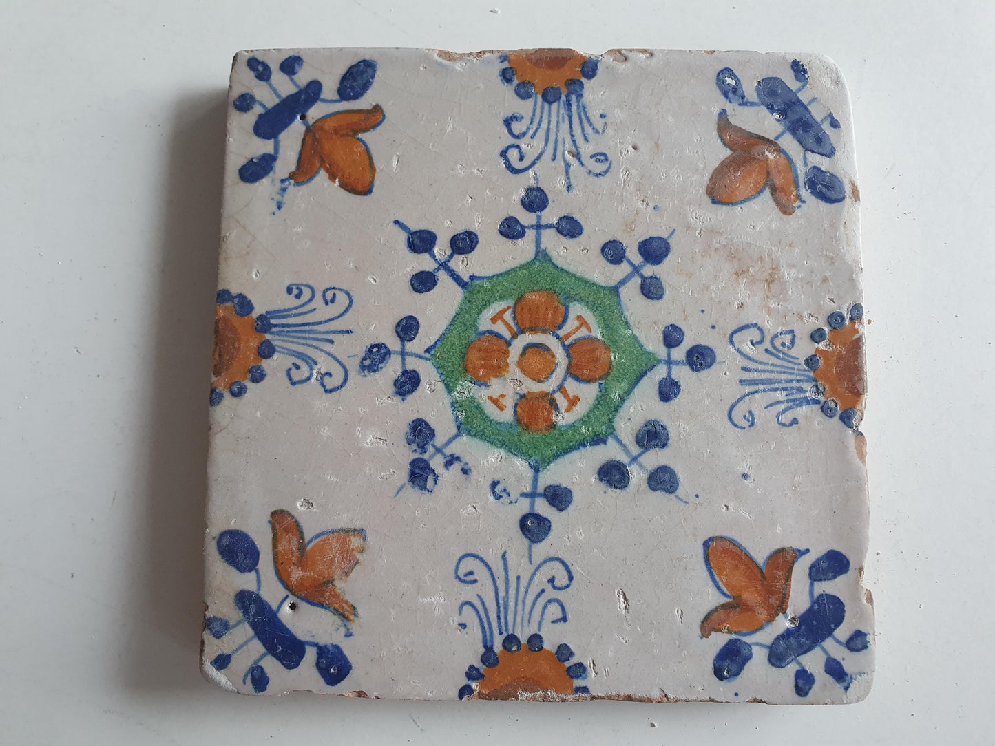 Antique Dutch Delft Tile, Polychrome Floral Ornament, 17th Century