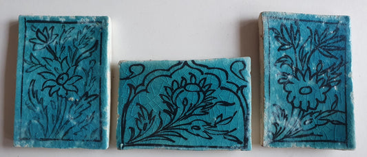 3 tiles thick handmade handpainted vintage midcentury collector tiles, blue eastern oosterse oosters iznik ?